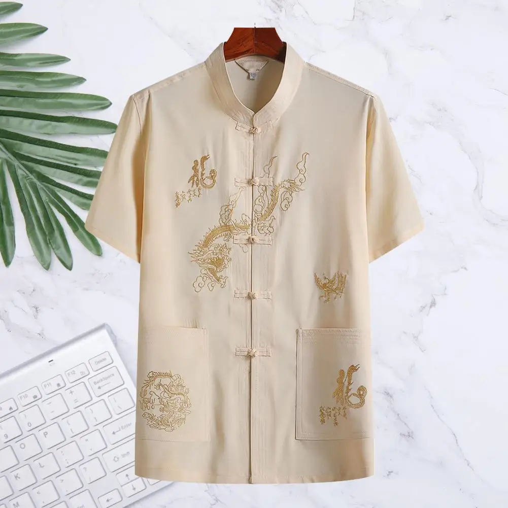 Chinese Dragon Kung Fu Shirt Embroidery Stand Collar Short Sleeve Casual Men Shirt Tai Chi Wing Chun Shirt Tangs Clothing Top lateronon tai chi uniform clothing qi gong martial arts wing chun shaolin kung fu training cloths apparel clothing hemp