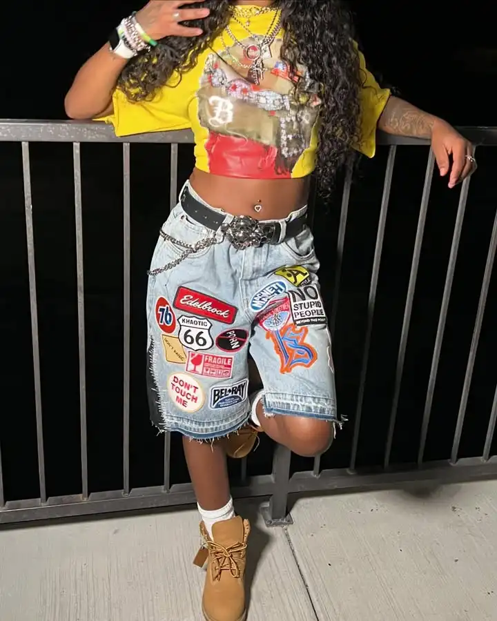 Mens Womens Y2K Rock Hip Hop Patchwork Denim Short Cartoon Pattern Retro Blue Baggy Denim Fitness Casual Shorts Basketball Short denim shorts