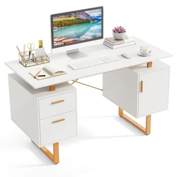 GOFLAME Computer Desk Home Office Desk with Floating Desktop-White