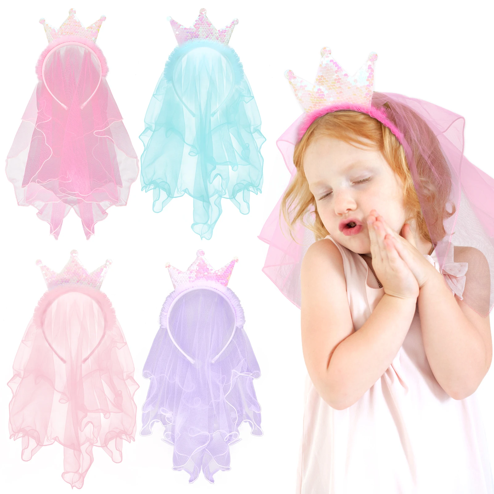 

Handmade Crown Glitter Headbands Princess Hairbands Yarn Veil Crown Child Wedding Party Hair Accessories Korean Wholesale