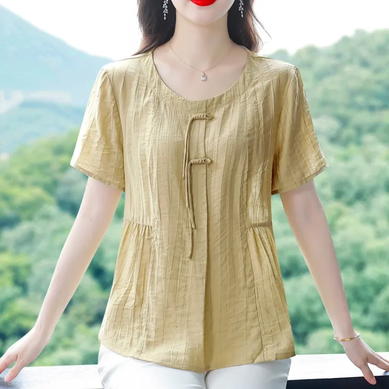 Summer Women's 2024 Pullover Round Neck Button Folds Fashionable New Style Solid Color Slim Fit Short Sleeve Cotton Linen Shirt