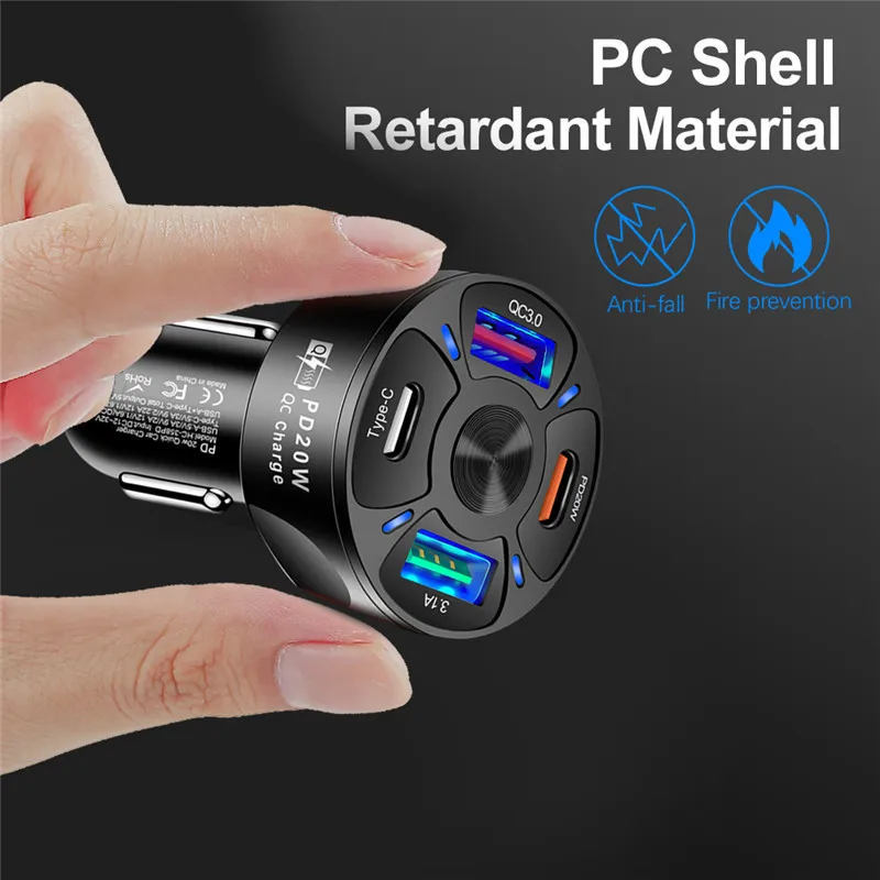 Phone charger Car charger Phone charger adapter Car phone charger USLION 4 Ports USB car charge PD 20W quick charge QC PD 3.0 fast charging for iPhone 13 Xiaomi Huawei phone charger in car