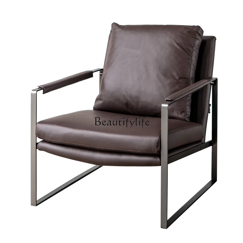 

Nordic Genuine Leather Single Modern Minimalist Leisure Chair Wrought Iron Leather Comfort and Casual Lazy Bone Chair