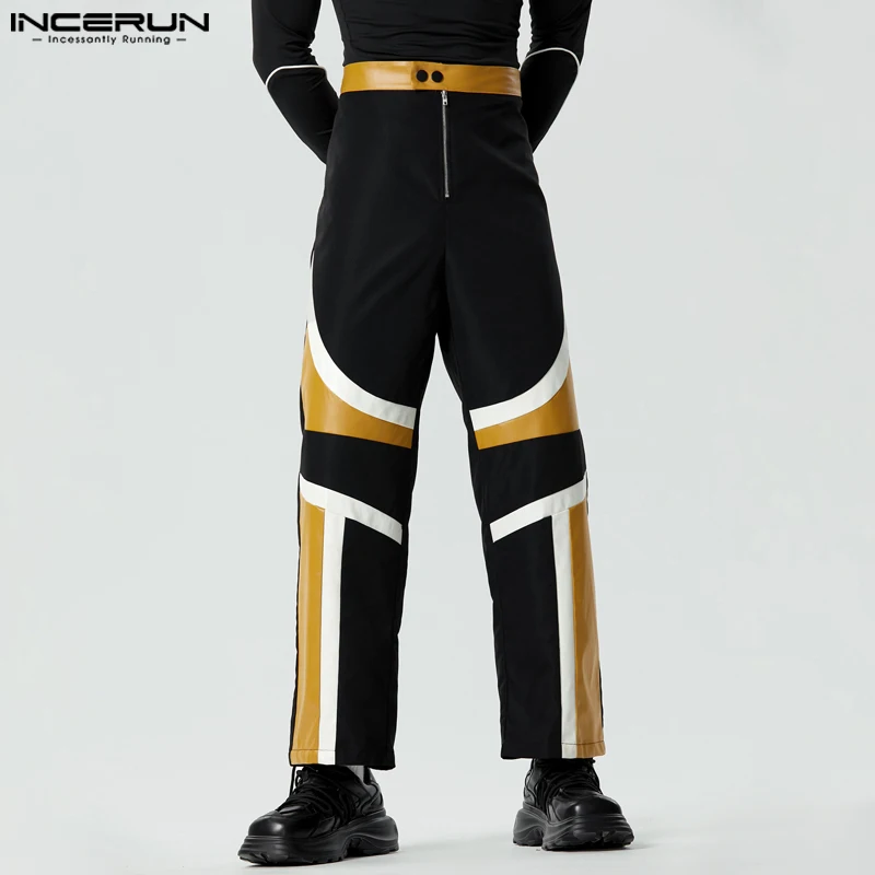 Men Pants Patchwork Button Zipper Joggers Fashion Straight Trousers Men Streetwear PU Leather Casual Pantalon S-5XL INCERUN