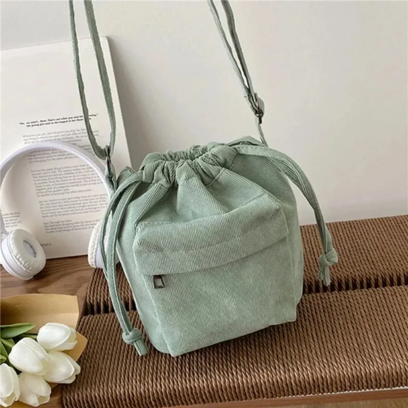 Korean Style Women's Shoulder Bag Drawstring Bucket Bag Casual Crossbody