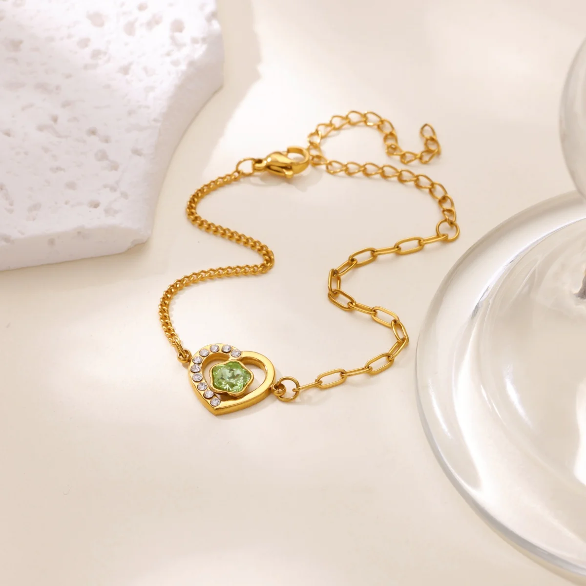 Zircon Pearl Heart Bracelet for Women Gold Color Stainless Steel