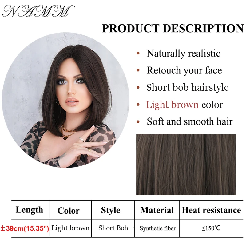 NAMM Short Bob Wigs Women Synthetic Wigs Middle Part Bangs Light Brown/Black Female Cosplay Heat Resistant Straight Natural Wigs