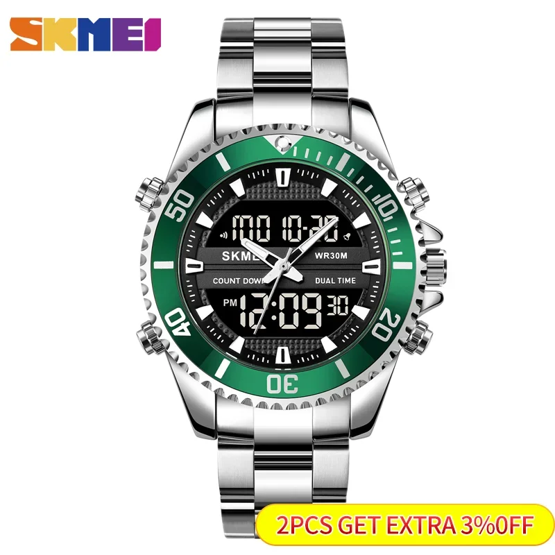 SKMEI 1850  Alarm Men Clock Waterproof Stainless Steel Relogio Masculino Dual Display Watches Mens Fashion Digital Wristwatches 2