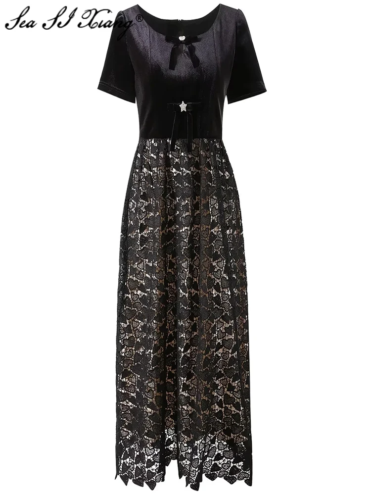 

Seasixiang Fashion Designer Summer Long Dress Women O-Neck Short Sleeve Velvet Patchwork Crystal Button Vintage Dresses