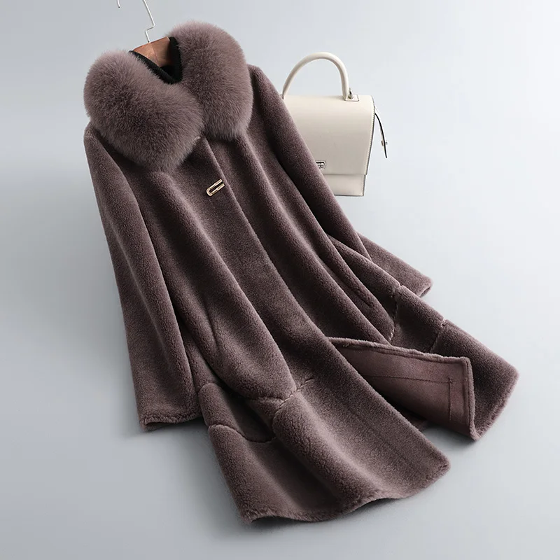 

Women's Winter Coats Sheep Shearing Coat Women Clothing Fox Fur Collar 100% Wool Fur Coat Suede Liner Warm Female Fur Jackets Lq
