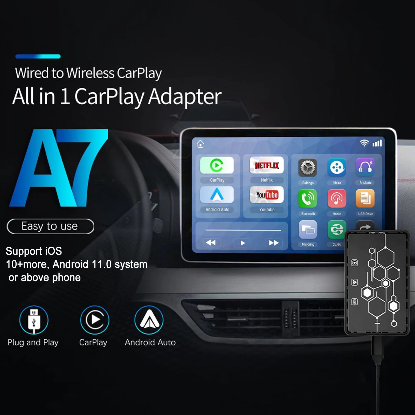 

CarPlay Ai Box Wired to Wireless CarPlay Only for Factory Radio Built-in Wired CarPlay Support Netflix YouTube For Factory Wired