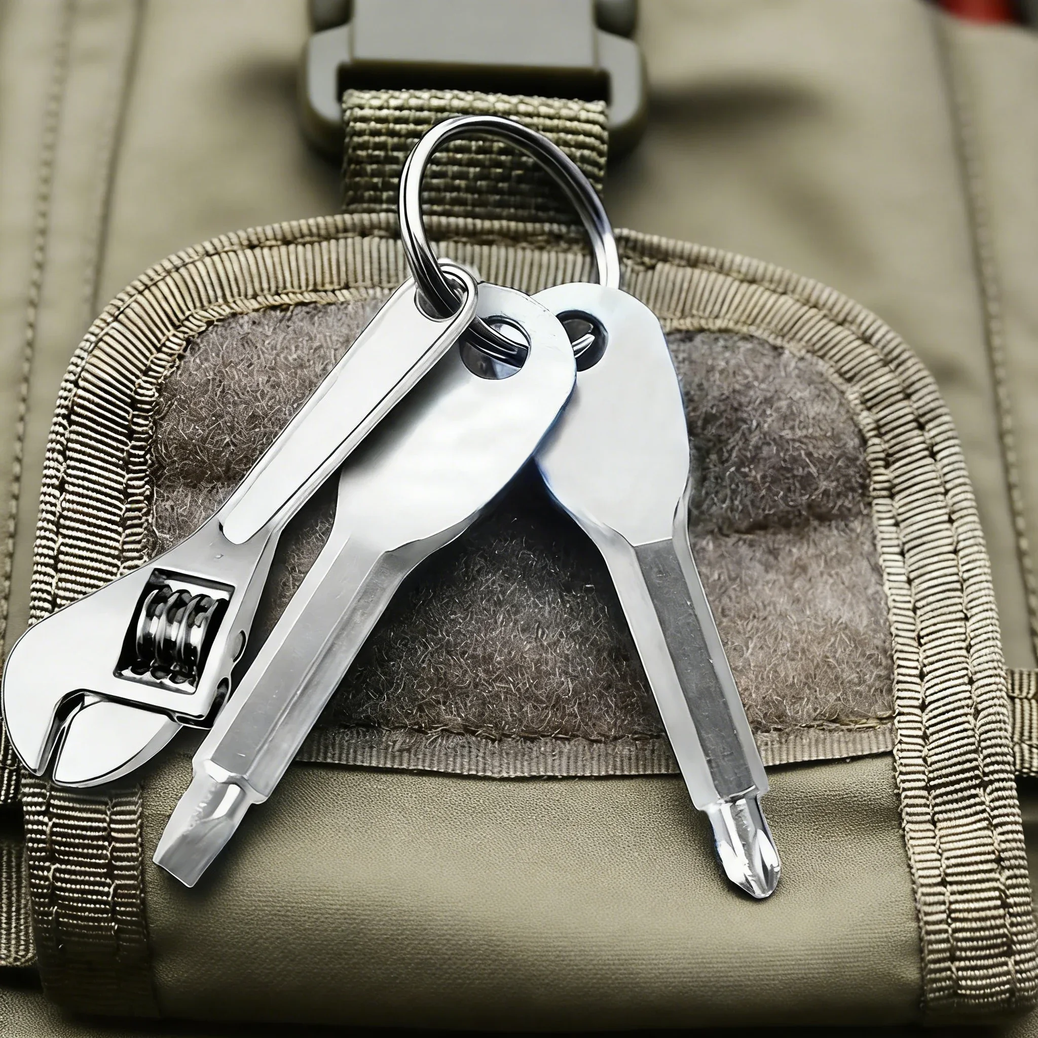 Compact Keychain Multi-Tool - Portable EDC Kit with Adjustable Wrench and Multi-Head Screwdriver