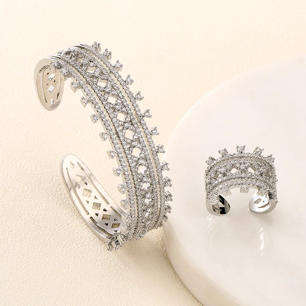 ZAKOL Luxury Shiny AAA Zircon Bracelet Ring Set for Women Adjustable Open Bangle Wedding Jewelry Sets Party Accessories 5