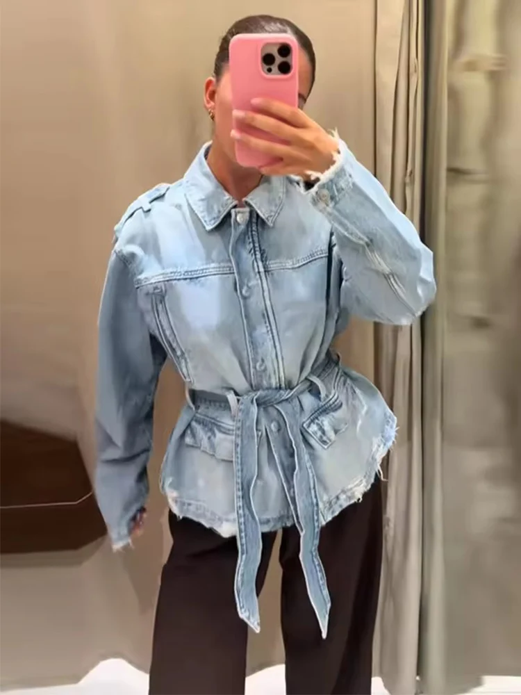 2025 Autumn Street Hole Denim Women Coats Elegant Turn-down Single Breasted Jacket Lace Up Full Sleeve Female Jackets Lady Coat