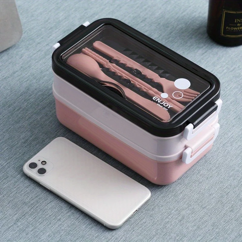 School start season double-layer microwave oven lunch box, including soup bowl, knife, fork and spoon, school lunch box