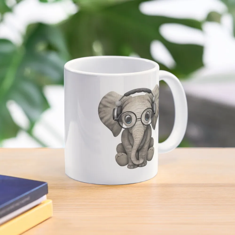 

Cute Baby Elephant Dj Wearing Headphones and Glasses Coffee Mug Thermo Cups To Carry Personalized Gifts Mug