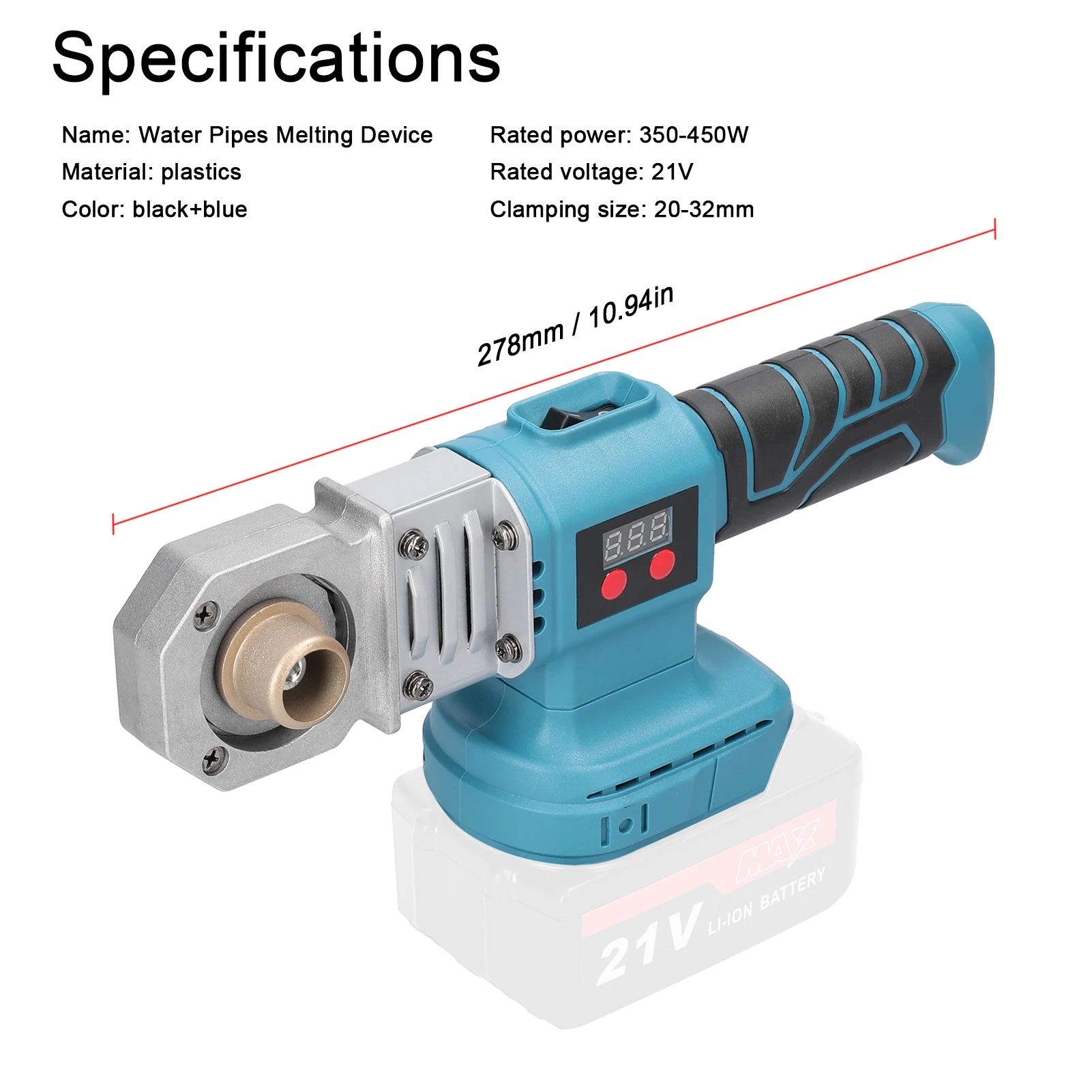 21V Lithium Power Water Pipes Melting Device 350-450W Household PPR Welding Machine with 20mm 25mm 32mm Replacement Heads 6