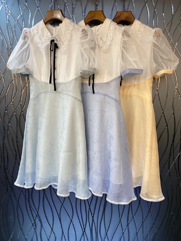 

High Quality Brand New Summer Dress 2022 Ladies Turn-down Collar Lace Patchwork Short Sleeve Slim Fit A-Line Princess Dress Cute