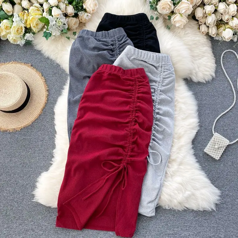 

Casual Skirt Female 2023 New Versatile Little Mind Machine Drawstring Pleated Retro Mid length Over Knee Split Wrap Hip Skirt