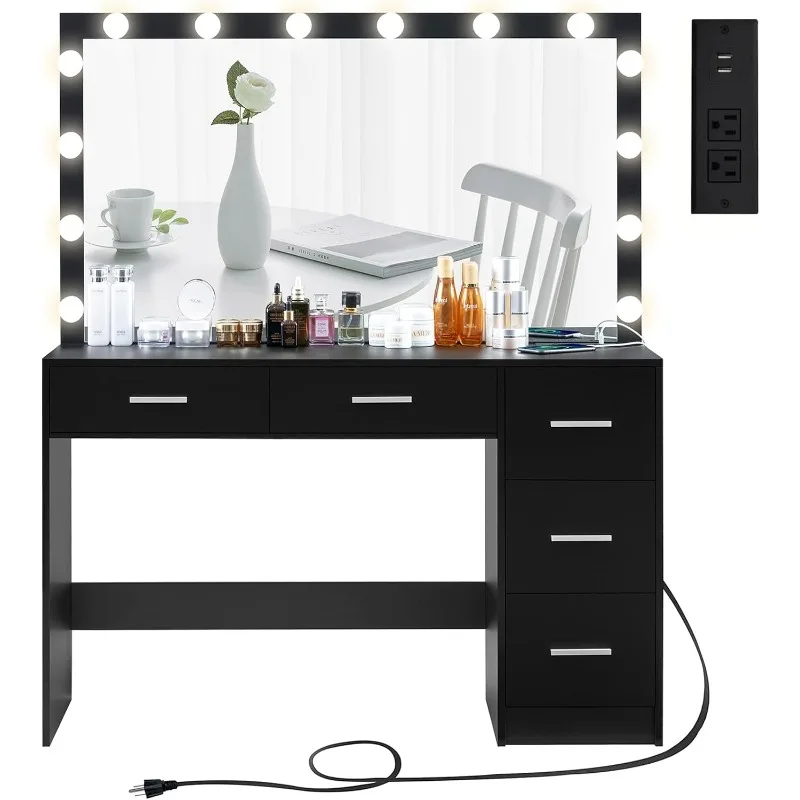 

47.2" Large Vanity Desk with Lighted Mirror, 14 Lights, Makeup Vanity Table with 5 Large Drawers & Charging Station