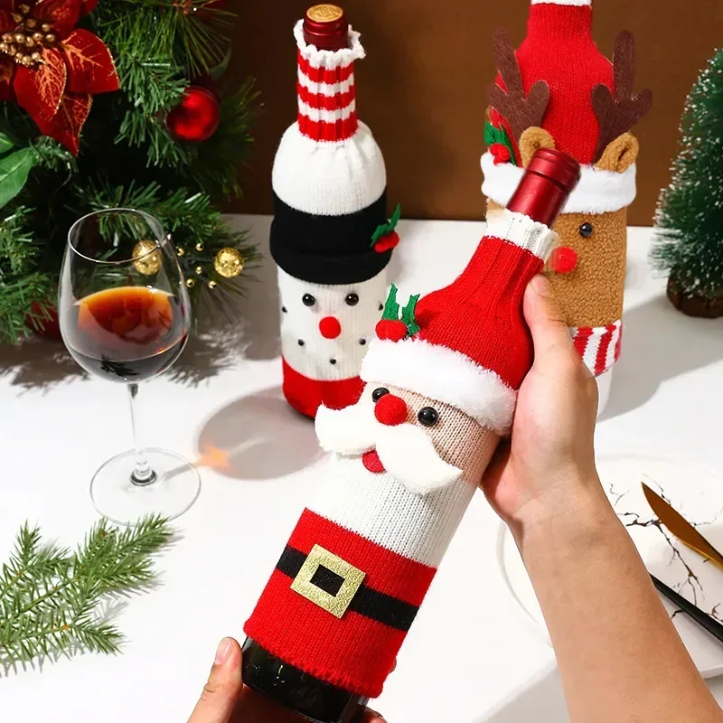 Christmas Wine Bottle Cover Set Santa Snowman Woven Wine Bottle Bags For Christmas Party Dinner Table Decorations New Year Gifts