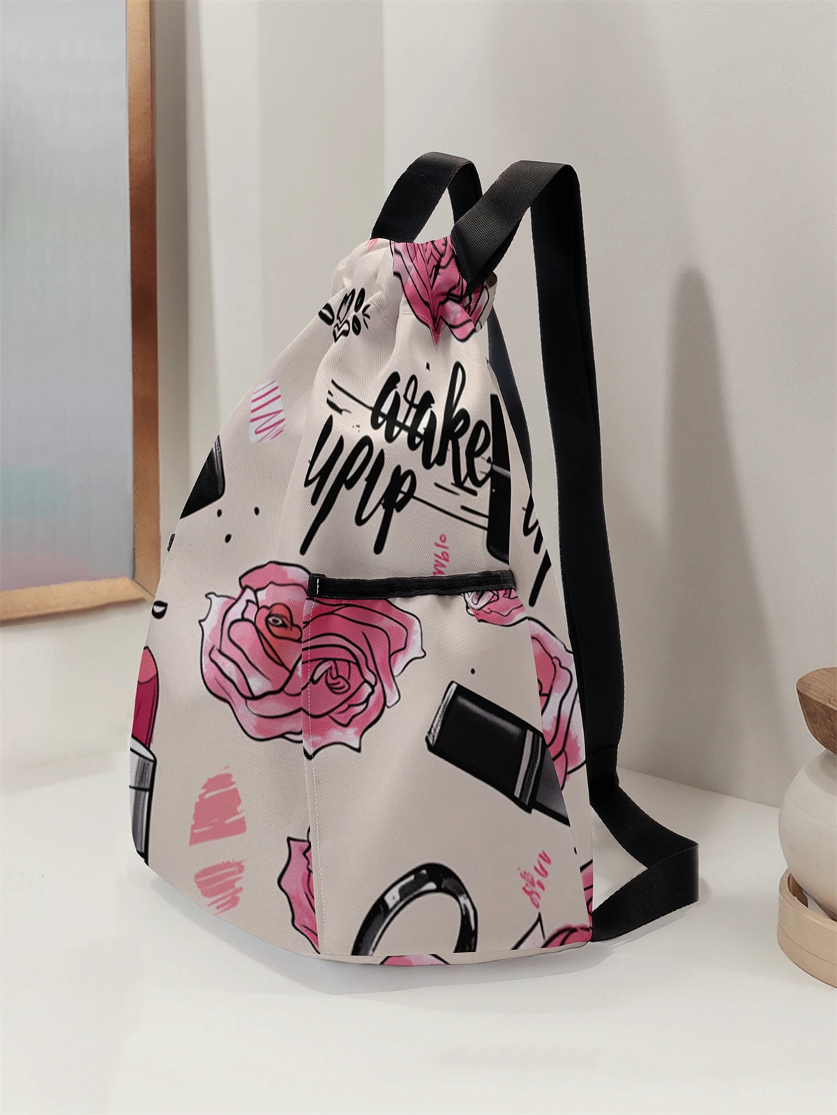 Rose Pattern Drawstring Backpack - Large Capacity Durable Fitness Bag, Adjustable Shoulder Strap, Sports Beach Backpack