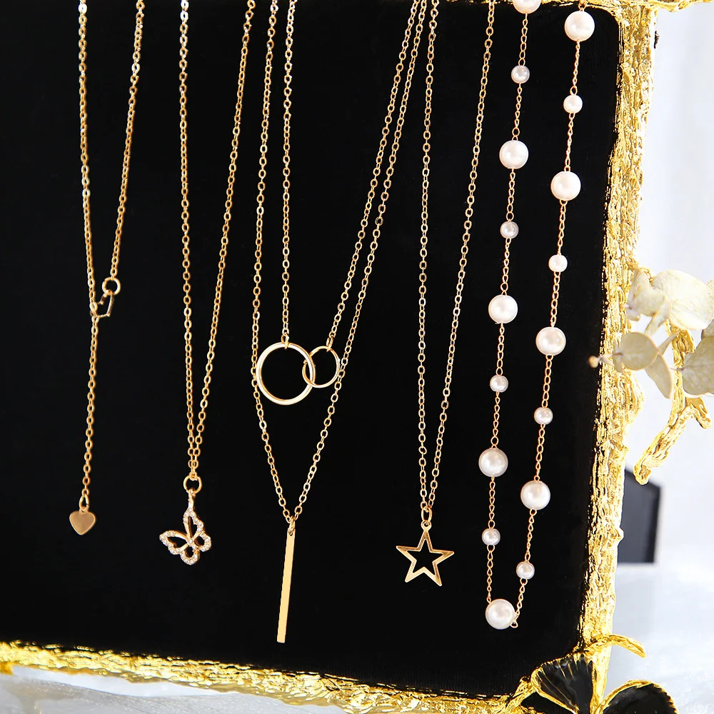 7 Pcs Fashion Punk Gold Color Pendant Chain Necklace Set for Women Vintage Boho Letter Coin Multi-Layer Necklaces Jewelry Gifts