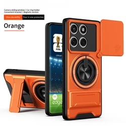 Magnetic Rotating Ring Holder Phone Case with Lens Slide Cover for Edge 60 Pro 5G (Orange)