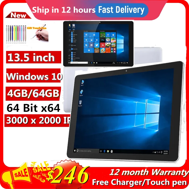 듀얼 카메라 와이파이 HDMI 호환 쿼드 코어, 윈도우 10 노트북, CWI534 N3450 CPU, 3000x2000 IPS, 64 비트, 4GB + 64GB, 13.5 인치