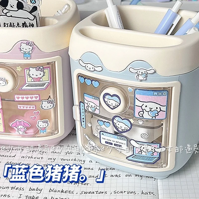 Pen And Brush Holder Pen Holder Brush Holder Sanrio Hello Kitty Kuromi Kawaii Pen Holder Desktop Melody Cinnamoroll DIY Sticker Makeup Brush Stationery Storage Box Xmas Gift