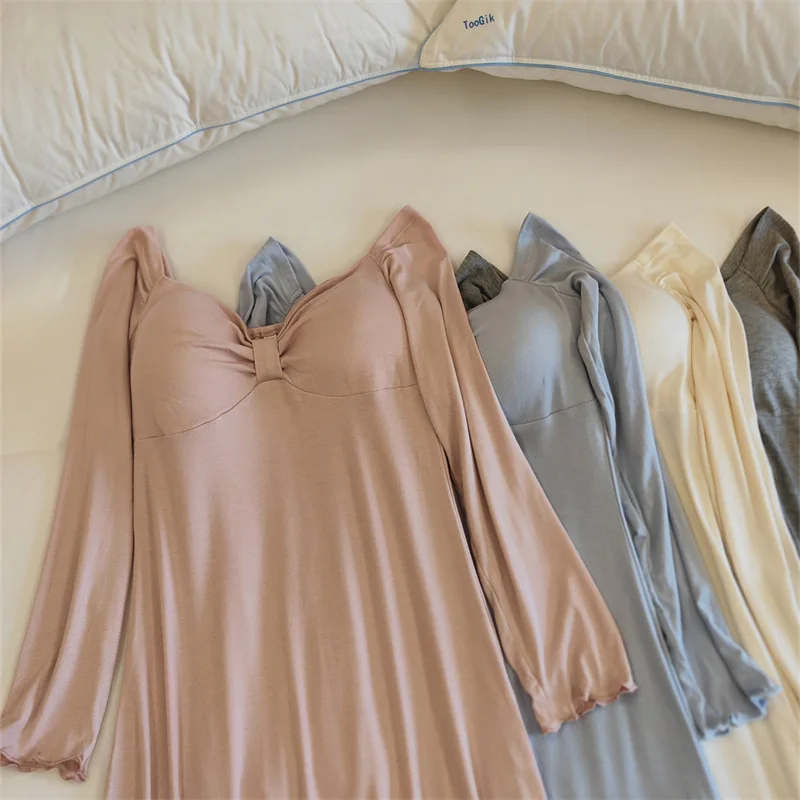 Sanftes Nachthemd für Damen, Lounge-Modal-Schlafhemd, Frühling, Herbst, Winter, langärmeliges Kleid, Brustpolster, Heimkleidung, Nachthemd – Detail 8