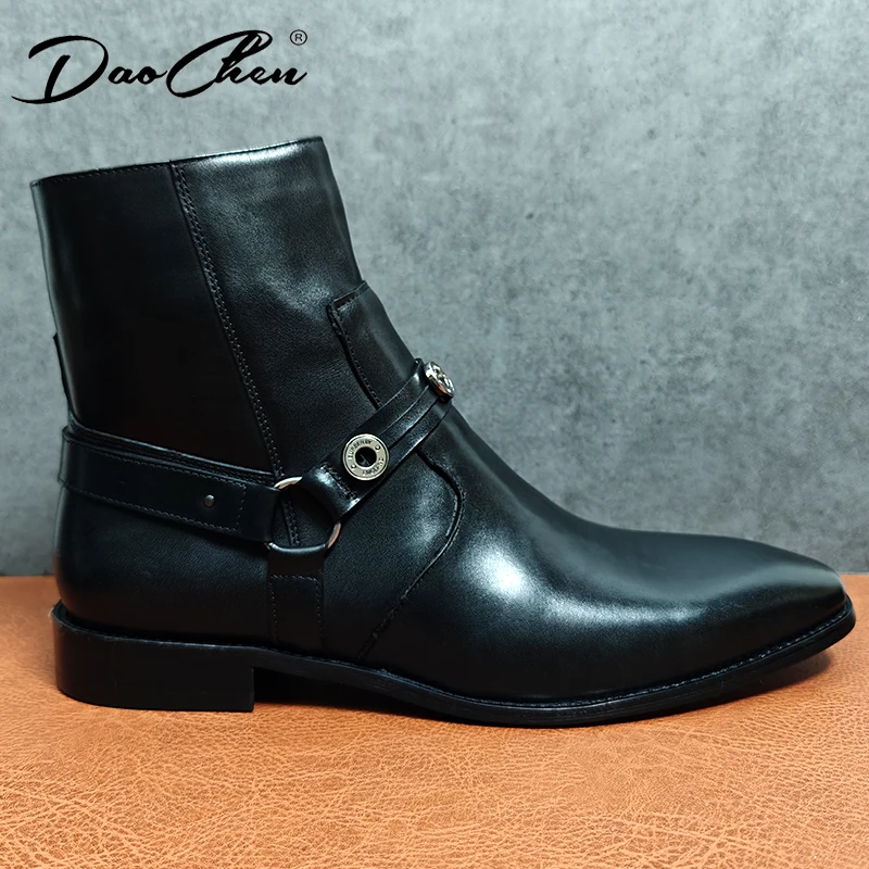 Luxury Men's Boots Zipper Mid-Calf Rock Boots Slip On Casual Dress Shoes Black Brown White Genuine Leather For Men