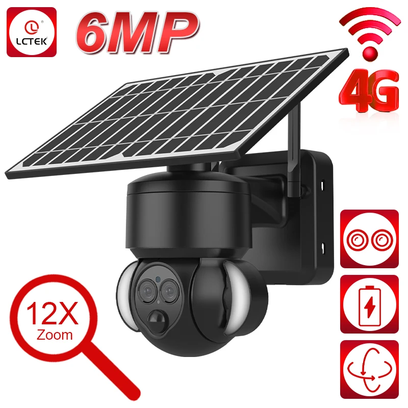 LCLCTEK 6MP 4G WIFI Solar Battery Powered Dual Lens Security PTZ Camera 12X Zoom AI Humanoid Tracking Outdoor Surveillance Cam