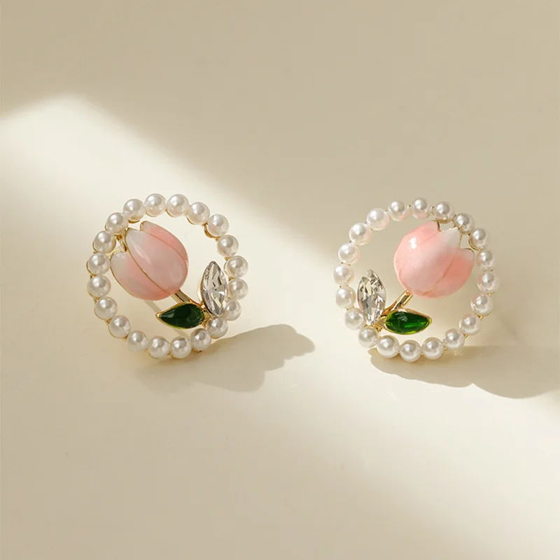 Pearl Tulip Flower Circle Dangle Earrings for Women Fresh Sweet Earrings Party Simple Fashion Jewelry Accessories