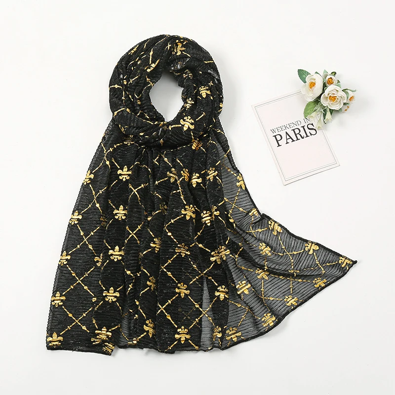 

2024 Gold Shimmer Muslim Hijabs Fashion Solid Bubble Chiffon Scarf High Quality Shawl Scarves Silver Crinkle Woman Headscarf