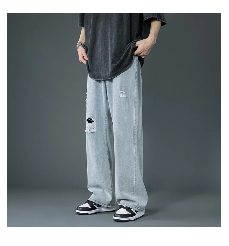 Pantalones vaqueros rasgados para hombre Ins, pantalones de pierna ancha holgados de pierna recta a la moda, pantalones vaqueros para fregar el suelo de cintura alta, pantalones casuales versátiles para hombre