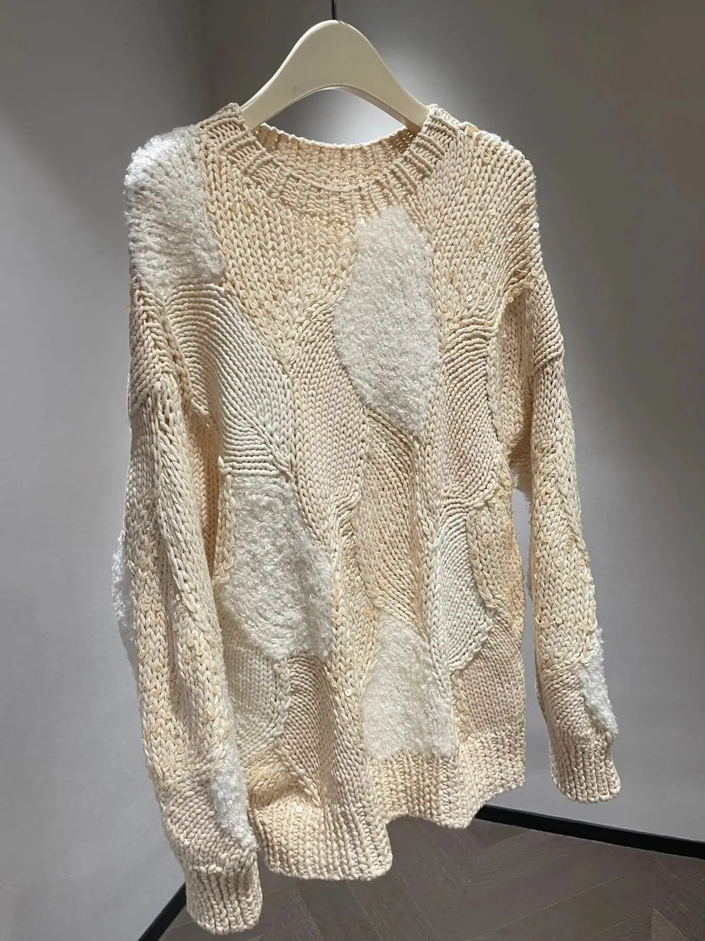 

New B*C Women's Pullover Sweater Beads Hollow Out Knitted Sweater Irregular Female Fitted Loose Top's