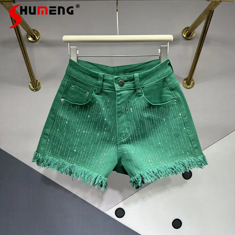 

Green Burrs Tassels Rhinestone Denim Shorts Women's 2023 Summer New High Waist Slimming Stretchy Wide-Leg Hot Pants Fashion