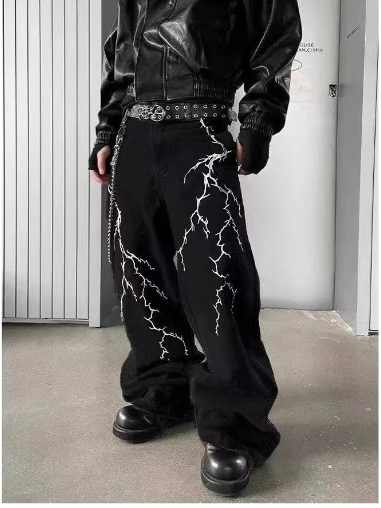 Y2k Fashion Baggy Jeans Black Men's Streetwear Straight Oversize Wide-leg Pants Vintage Lightning Pattern Loose Denim Trousers 4