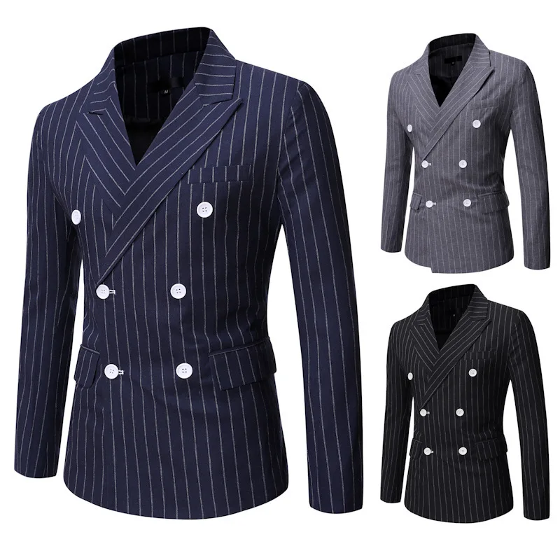Men's Autumn New Dress Suit Men's Striped Casual Double-breasted Gun Barrel Collar Suit