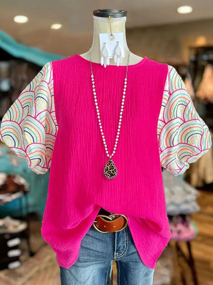 Graphic-print Color-block Top Pink Top with White Flower Print Bell Sleeves blouse