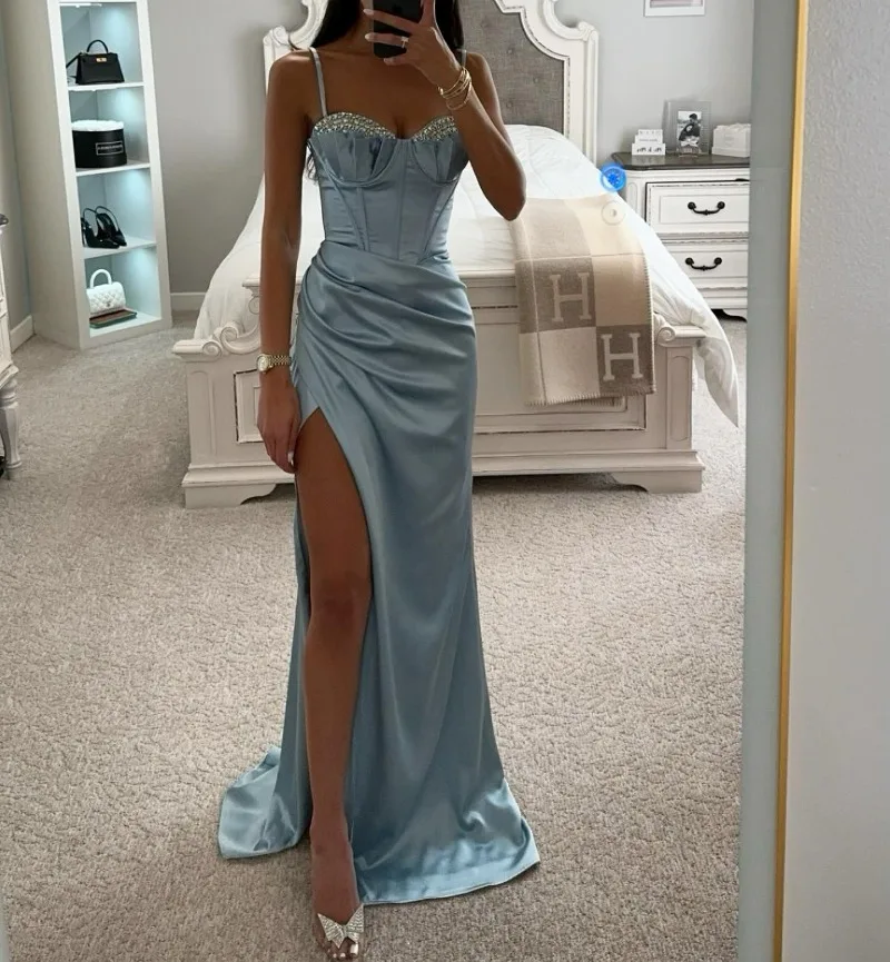 

2024 New Slim Fit Formal Evening Dress Elegant Summer Party Long Dresses with Slit Solid Simple Quinceanera Gowns Vestidos