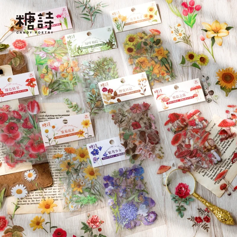 

40pcs/bag PET Stickers Bag Retro Nature Series Plant Fungu Mushroom Fern Tulip Daisy Hand Ledger DIY Decorative Stickers