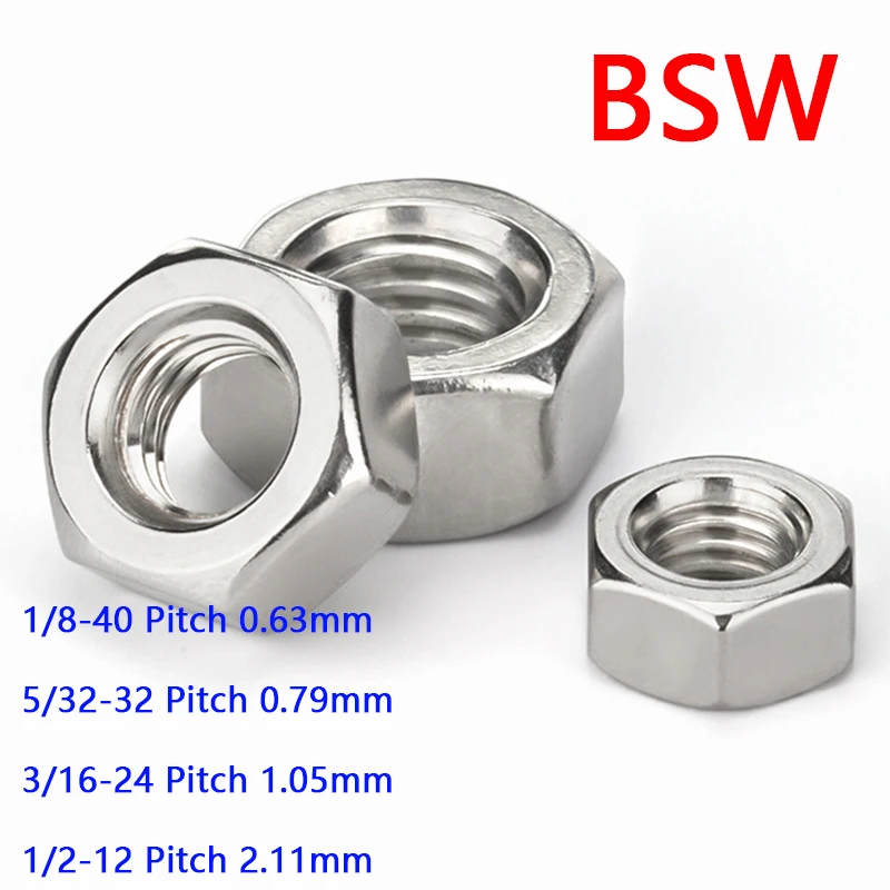 

2/5PCS A2 304 Stainless Steel BSW Hex Hexagon Nuts 1I8-40 5I32-32 3I16-24 1I2-12 PITCH Of Tooth 0.63mm-2.11mm