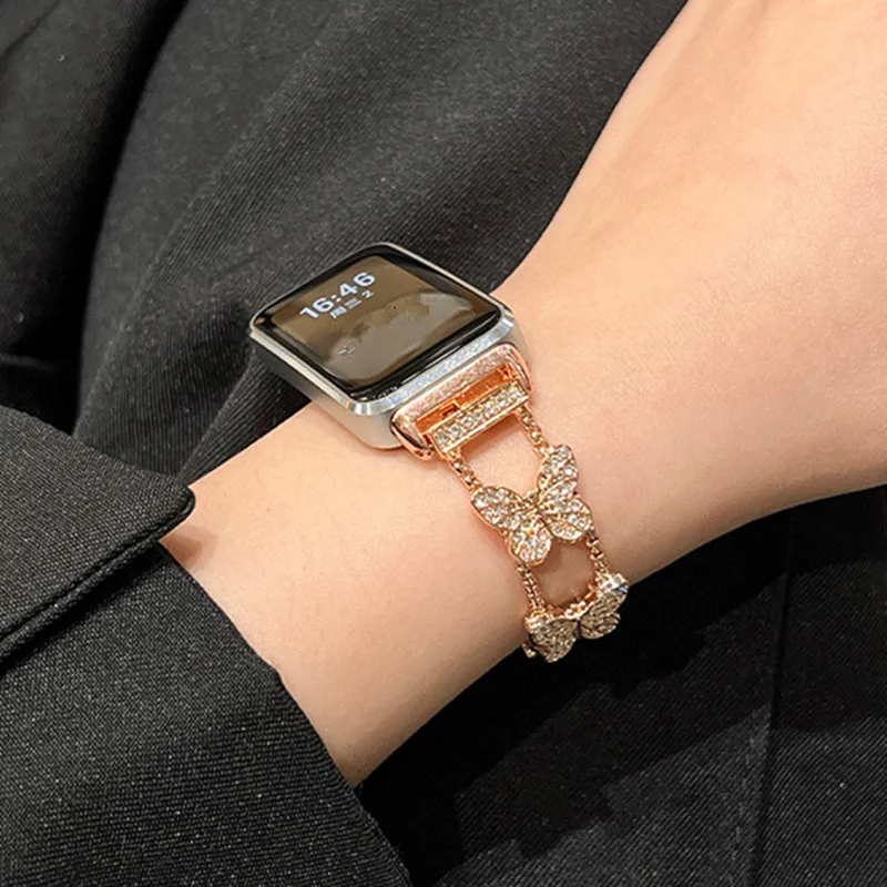 Luxurious Bling Butterfly Diamond Metal Smartwatch Bracelet Strap, 18-22mm