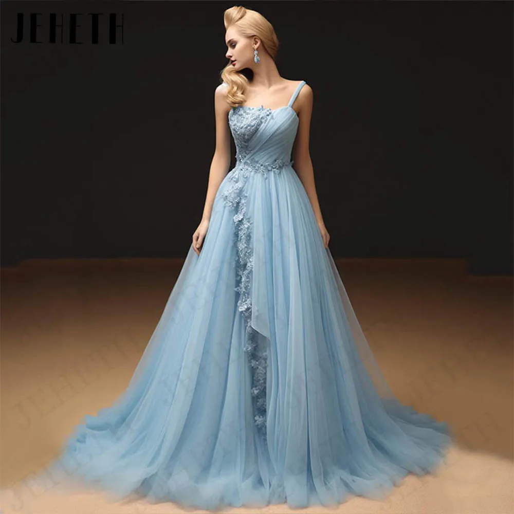 

JEHETH One Shoulder Sky Blue Evening Party Dress Lace Applique A Line Formal Prom Gown Floor Length Tulle Pleats Robes De Soirée