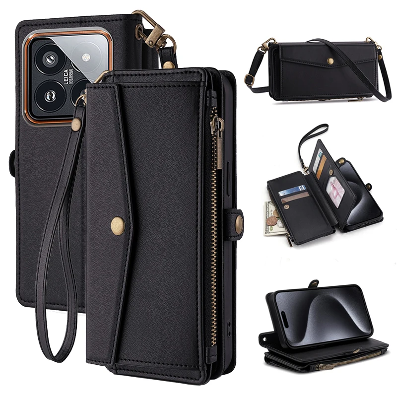 Lanyard Flip Leather Wallet Case with Card Holder and Cover Bag
