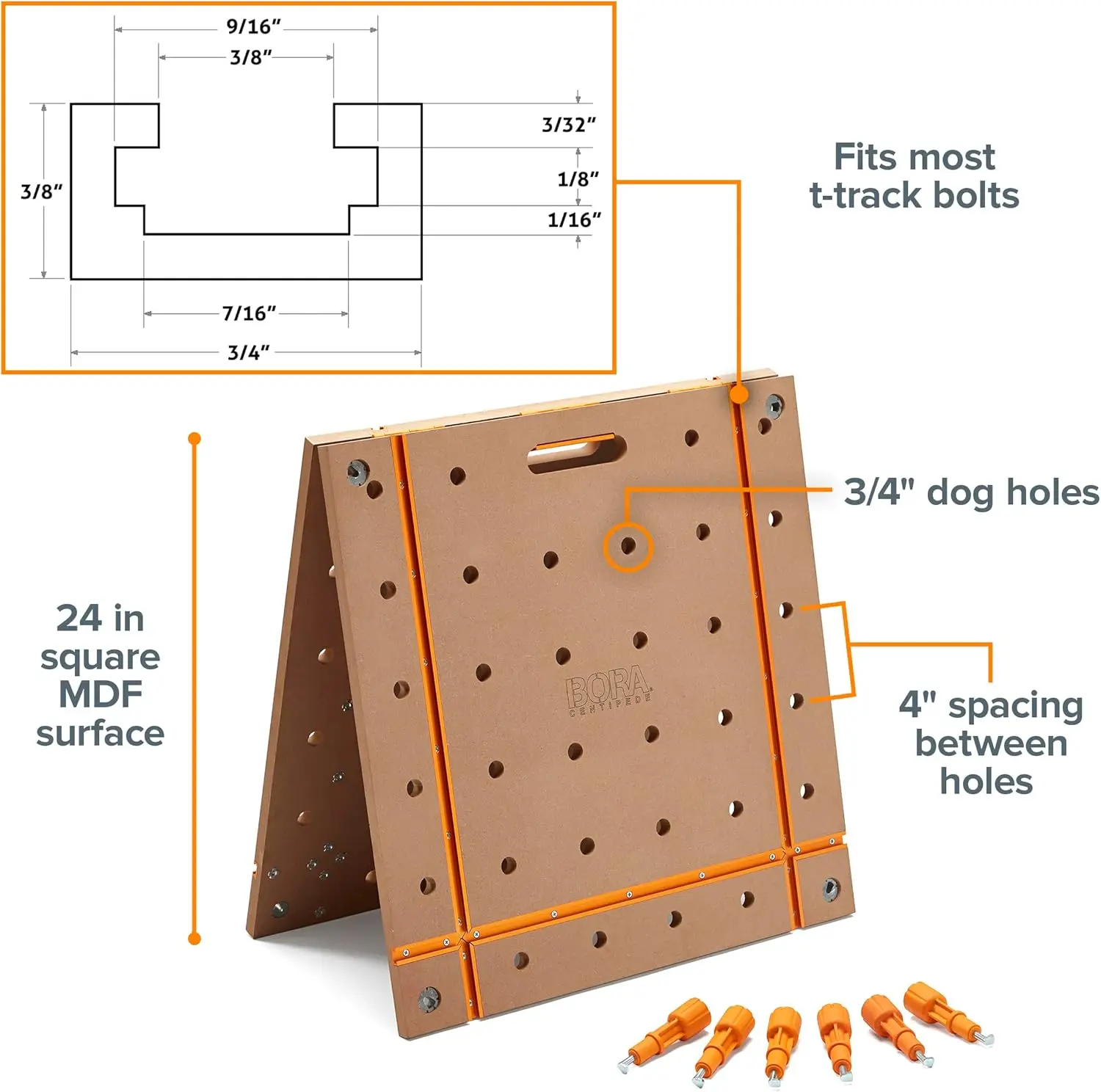 Centipede Folding T-Track Table Top for Centipede Work Stand Saw Horses - 24 Inch x 48 Inch 3/4" Dog Holes - Includes Wood