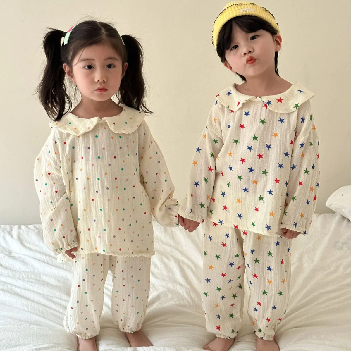 

2024 Spring New Children Cotton Pajamas Set Boys Girls Long Sleeve Tops Pants 2pcs Suit Kids Home Clothes Toddler Outfits