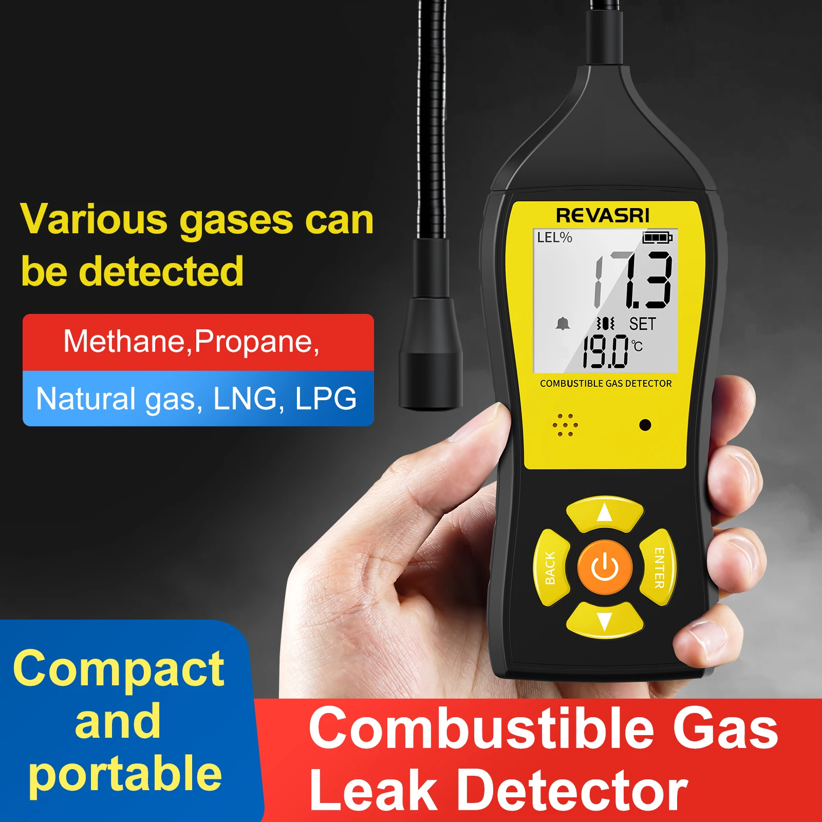 Revasri Gas Leak Detector LEL 0-100% 0-19999PPM Sound Screen Vibration Alarm Combustible Flammable Natural Methane Gas Detector